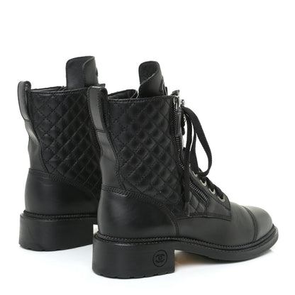 Chanel Calfskin Quilted Lace Up Combat Boots 37 Black 4 of 13