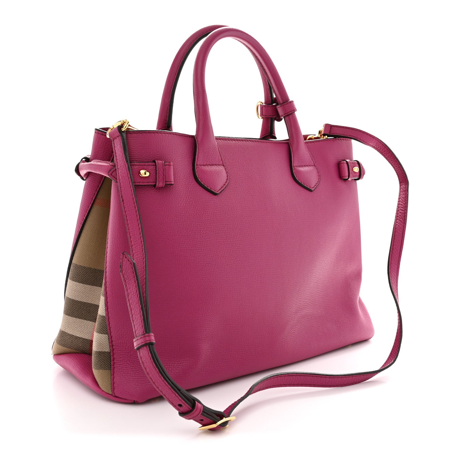Burberry Grainy Calfskin House Check Medium Banner Tote Brilliant Fuchsia 3 of 12