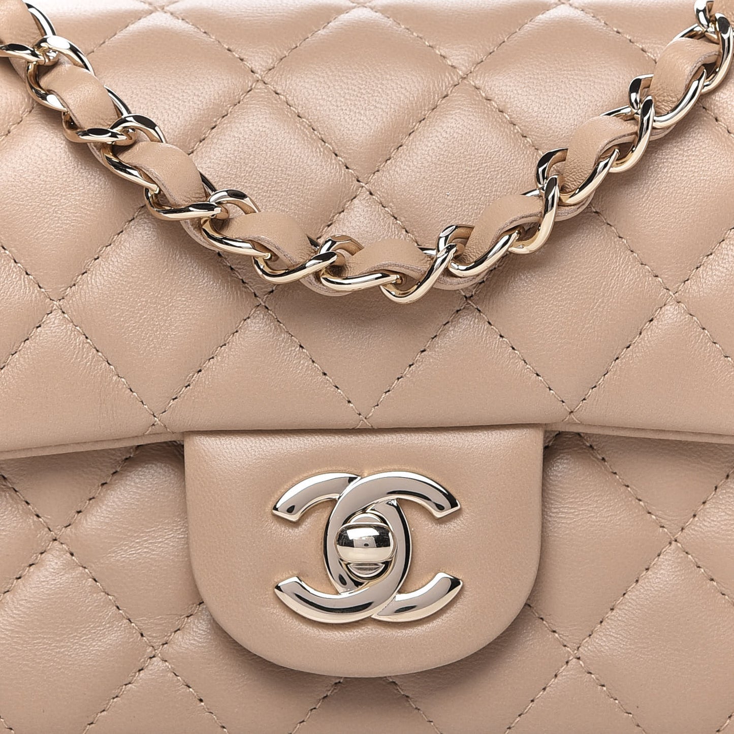 Lambskin Quilted Mini Rectangular Flap Dark Beige