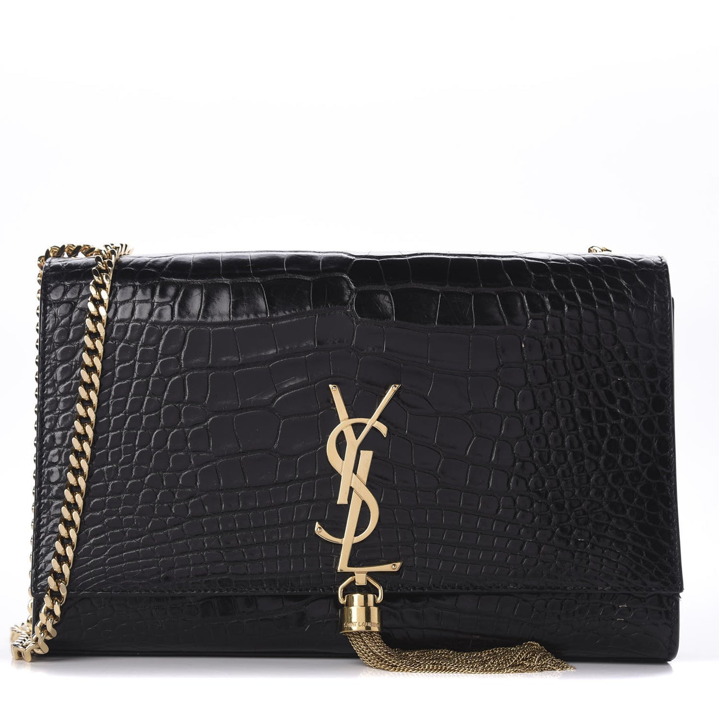 Calfskin Crocodile Embossed Medium Classic Monogram Kate Tassel Satchel Black