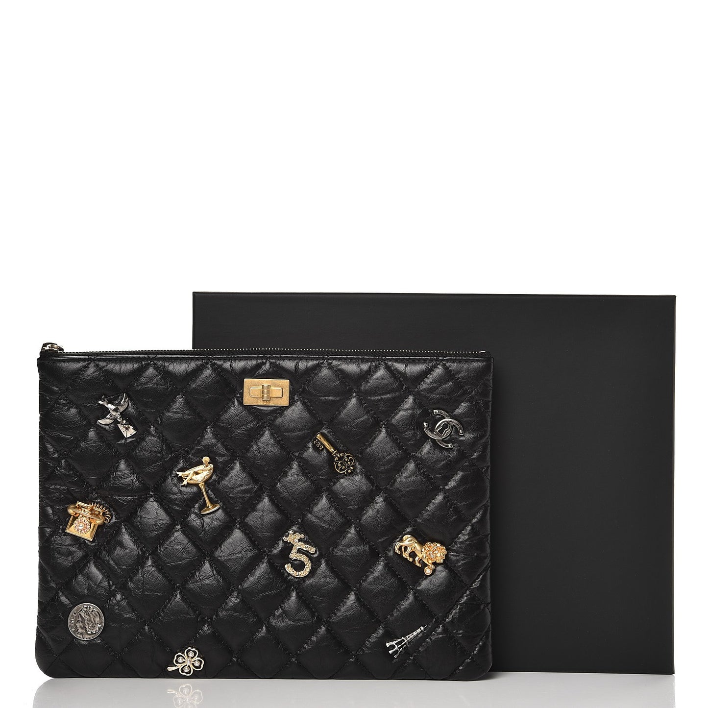 Aged Calfskin Quilted Medium Lucky Charms Cosmetic Case Black