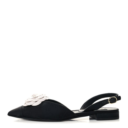 Chanel Lambskin Satin Camellia Slingback Flats 36 White Black 1 of 8