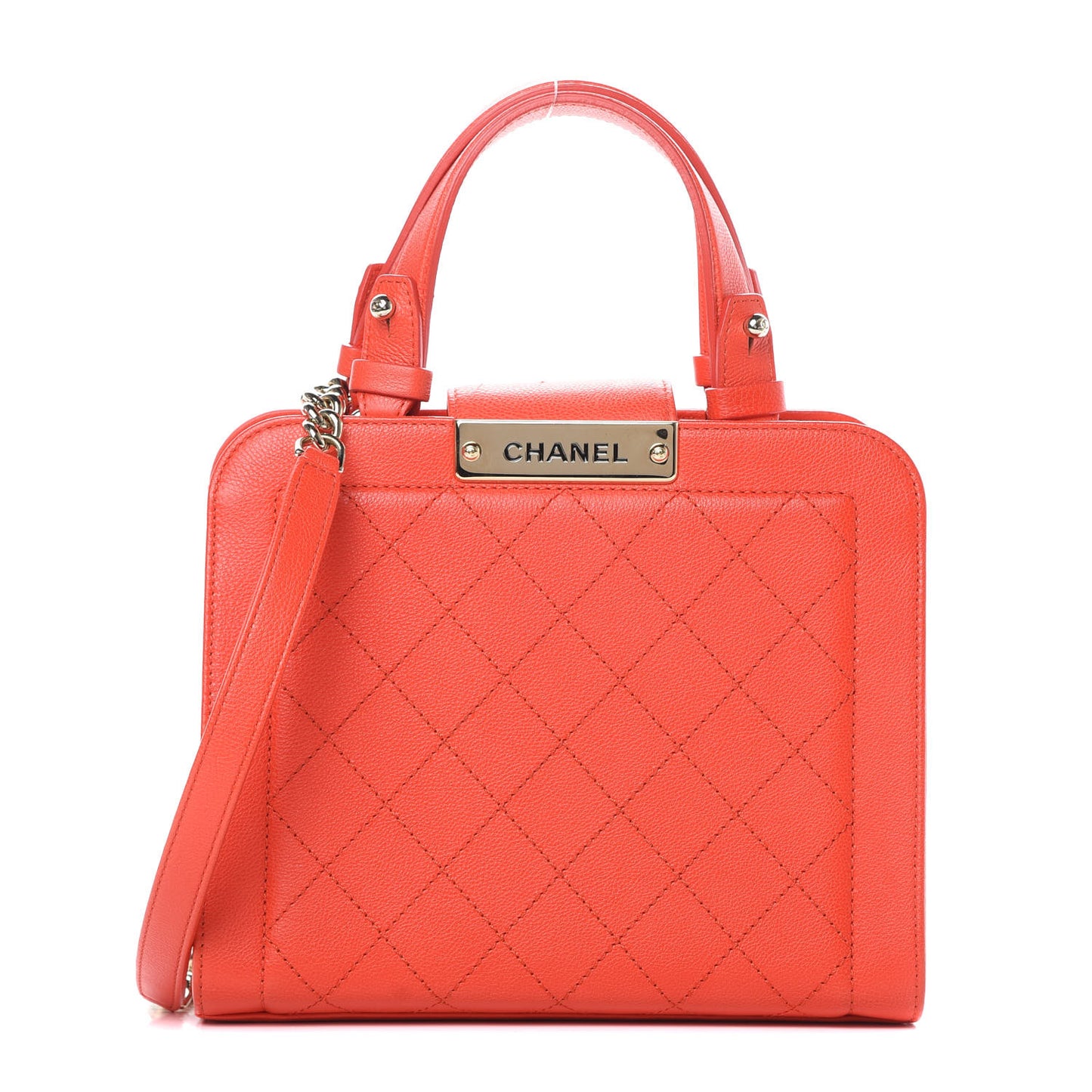Grained Calfskin Stitched Small Label Click Shopper Tote Red