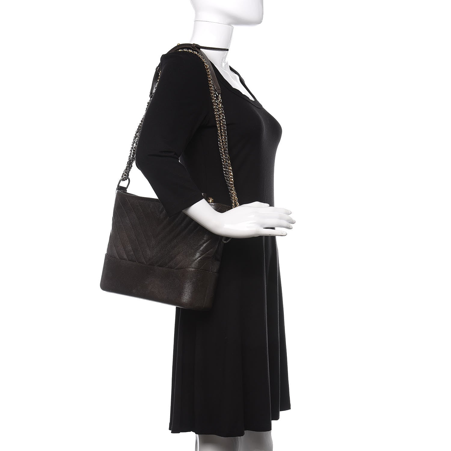 Chanel Metallic Caviar Chevron Quilted Medium Gabrielle Hobo Dark Silver Gold 2 of 11