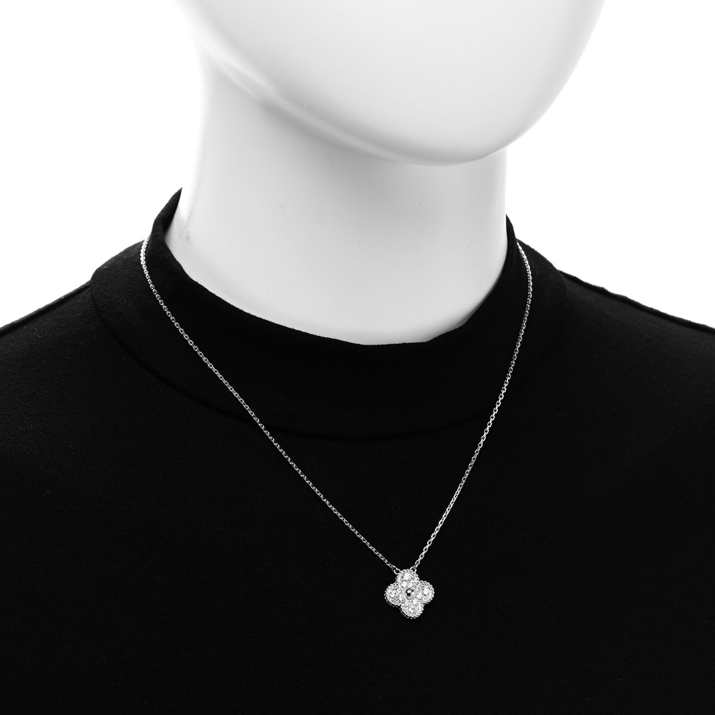 18K White Gold Diamond Vintage Alhambra Pendant Necklace