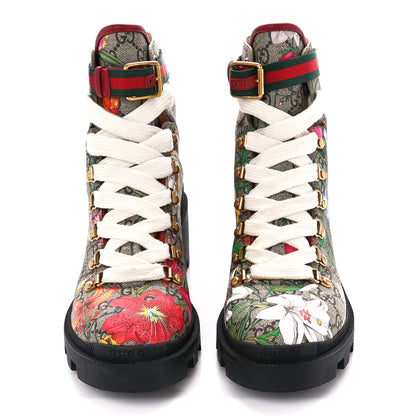 Gucci GG Supreme Monogram Flora Lace Up Combat Ankle Boots 39 Beige Multicolor Red 2 of 10