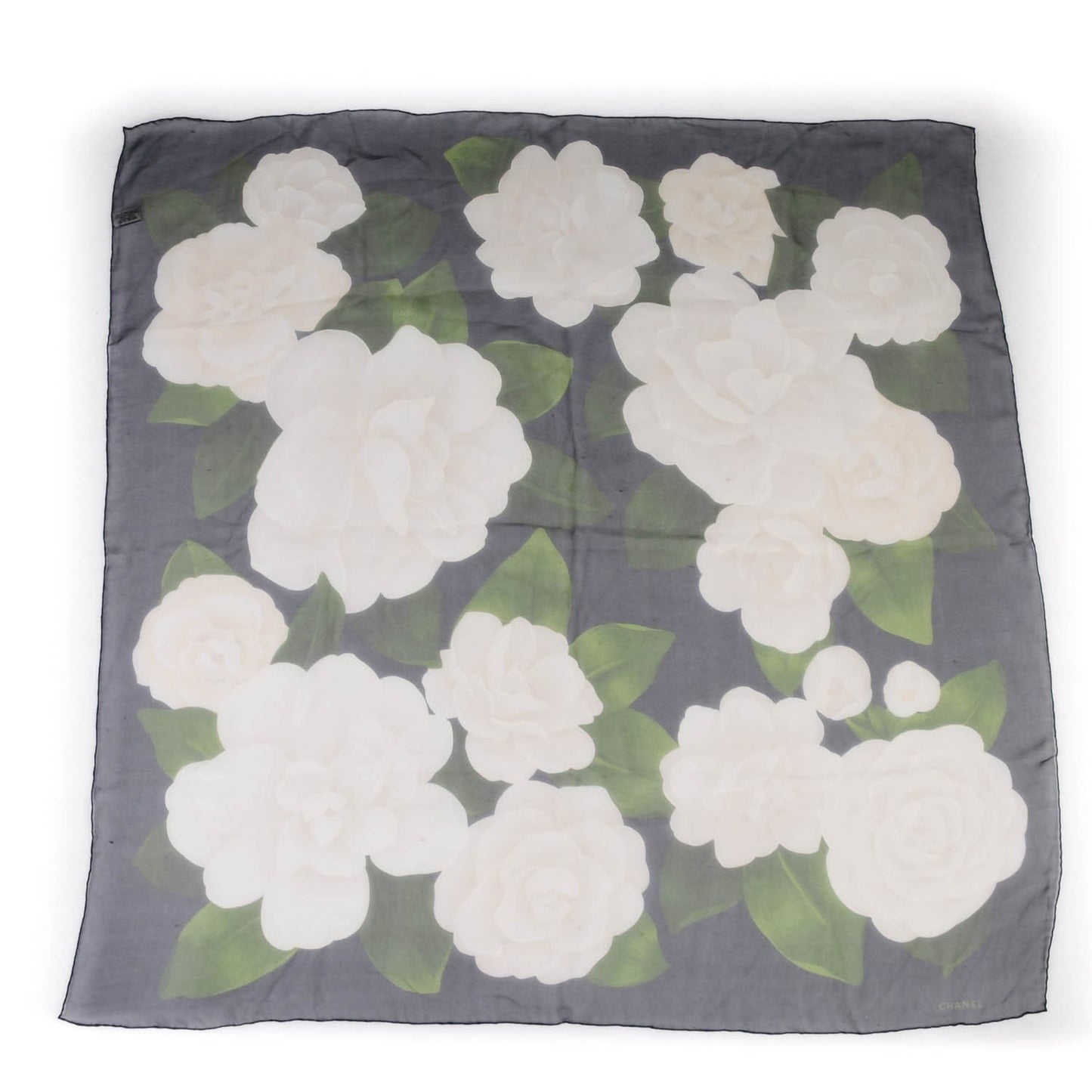 Silk Camellia Flower Square Scarf Navy