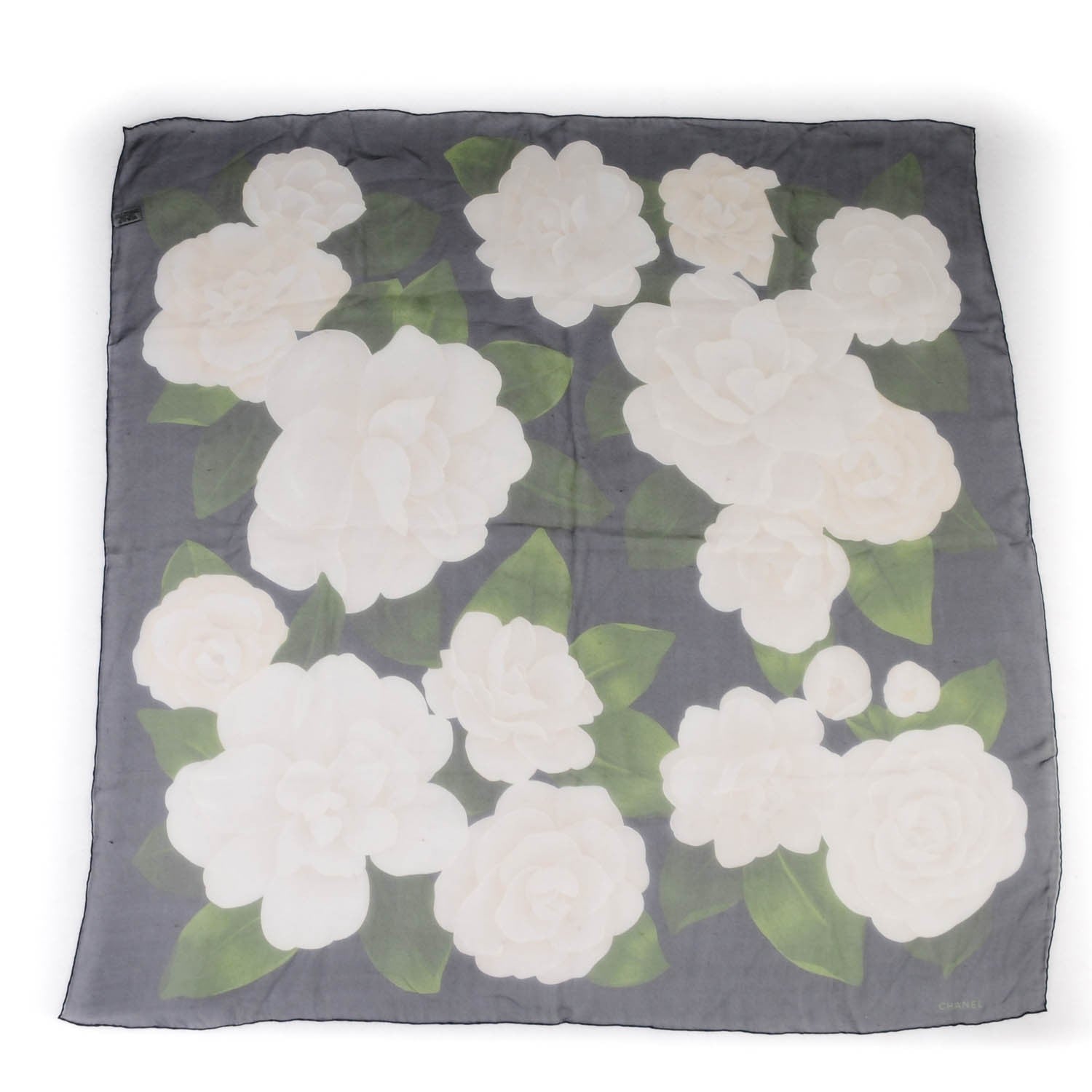 Chanel Silk Camellia Flower Square Scarf Navy 2 of 5