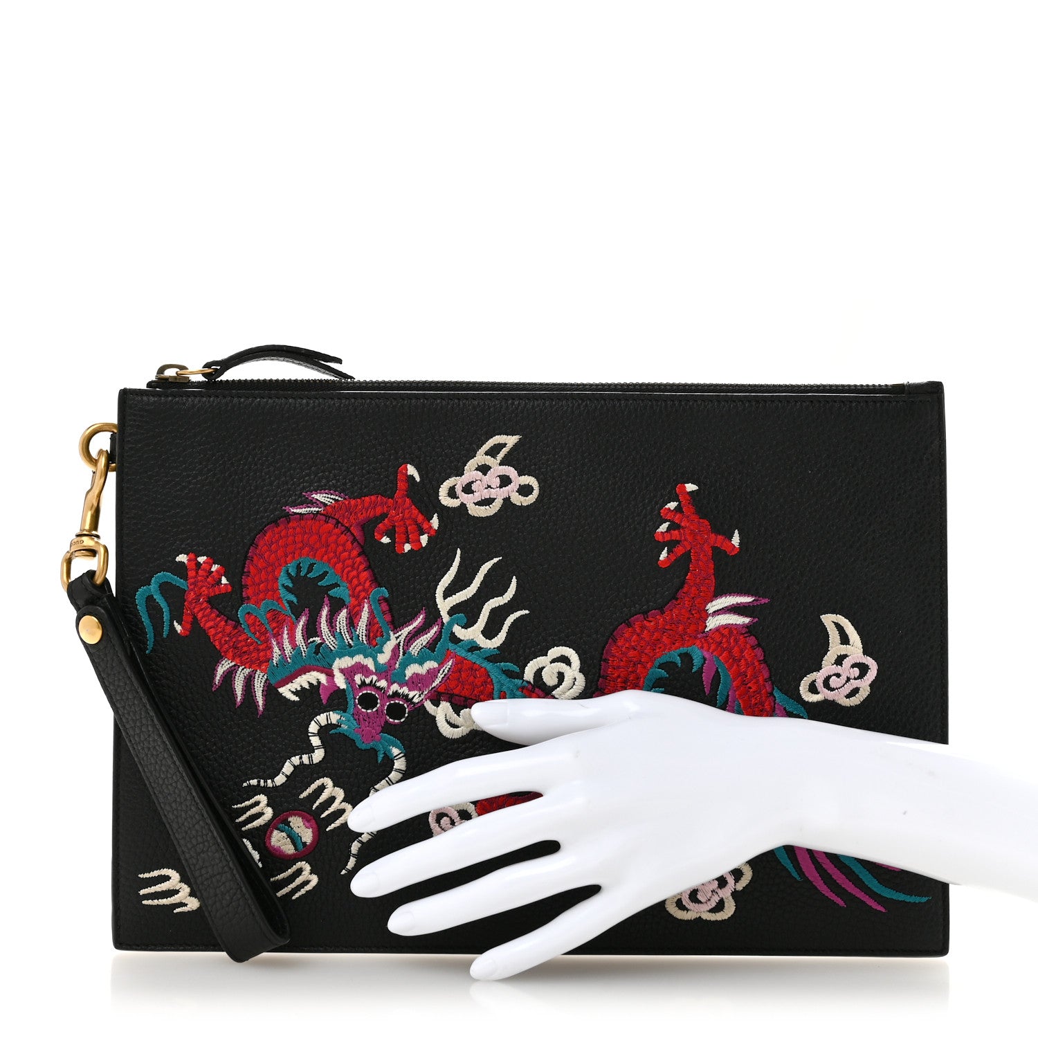 Gucci Calfskin Chinese Dragon Embroidered Zip Wristlet Pouch Multicolor Black 2 of 8