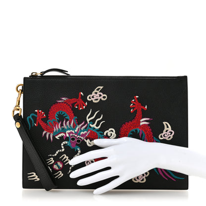 Gucci Calfskin Chinese Dragon Embroidered Zip Wristlet Pouch Multicolor Black 2 of 8