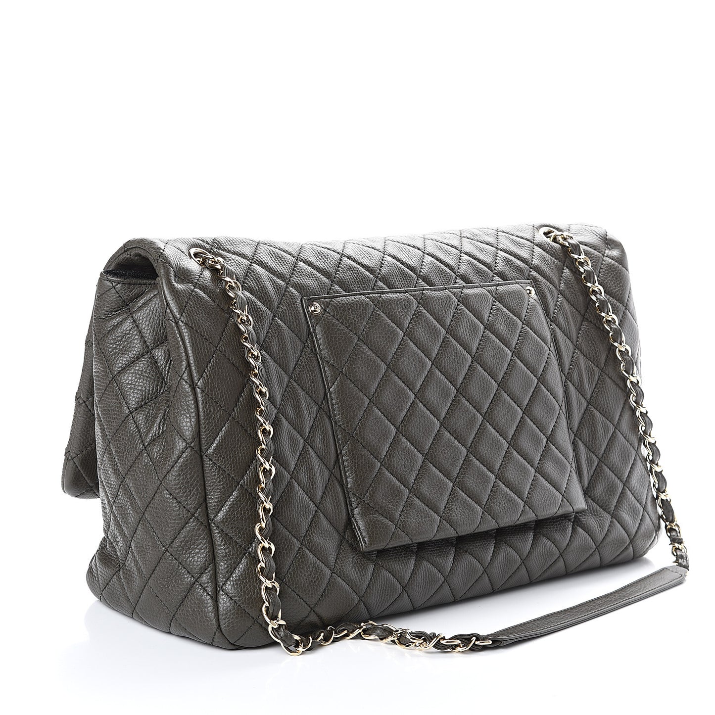 Metallized Calfskin Quilted XXL Travel Flap Bag Khaki