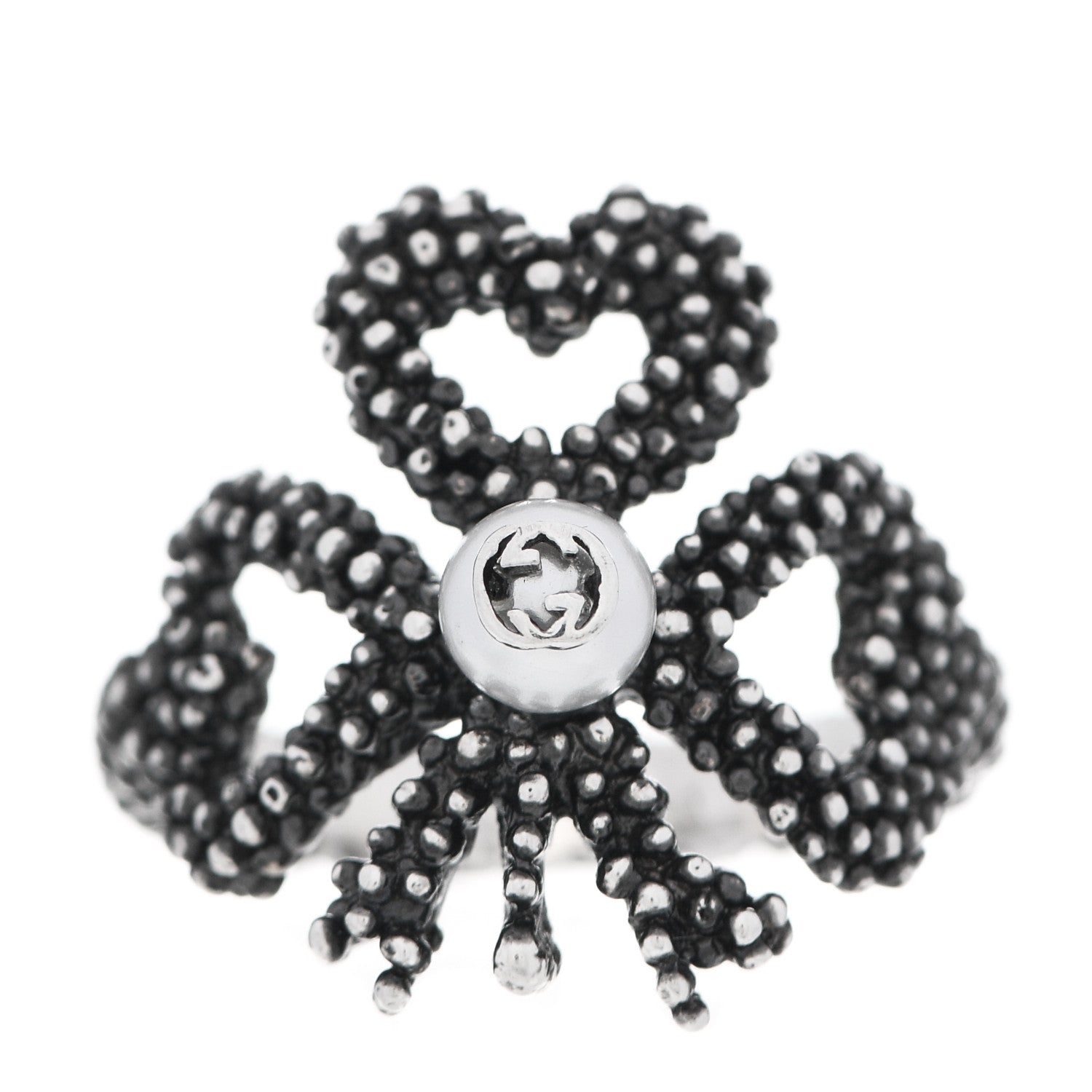 Gucci Sterling Silver Glass Pearl Heart Ribbon Ring 55 7.25 1 of 8