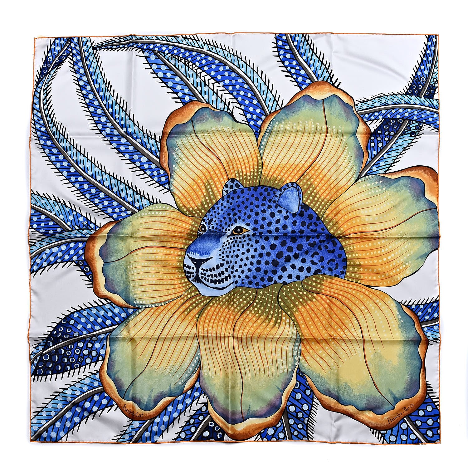 Hermes Silk Baobab Cat Scarf 90 White Bleu Jaune 1 of 7