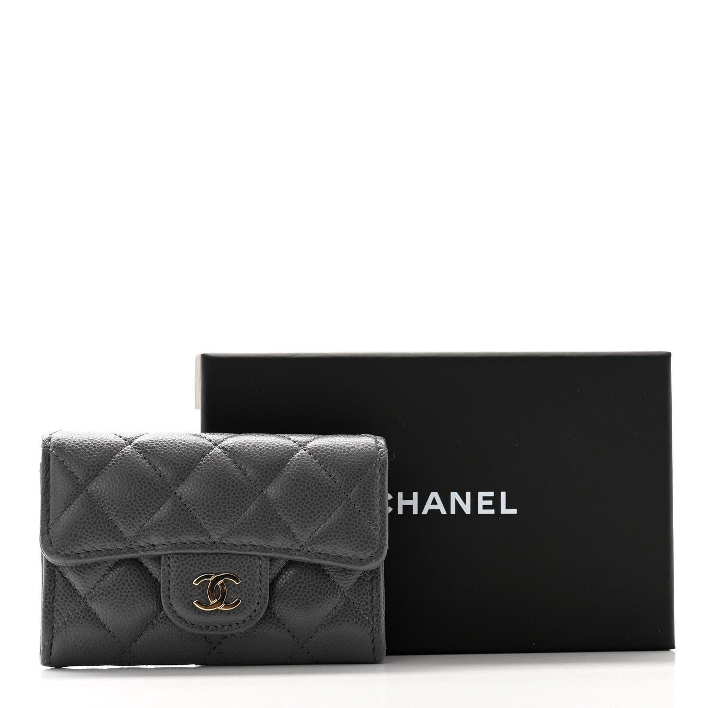 Caviar Quilted Flap Card Holder Wallet Dark Grey