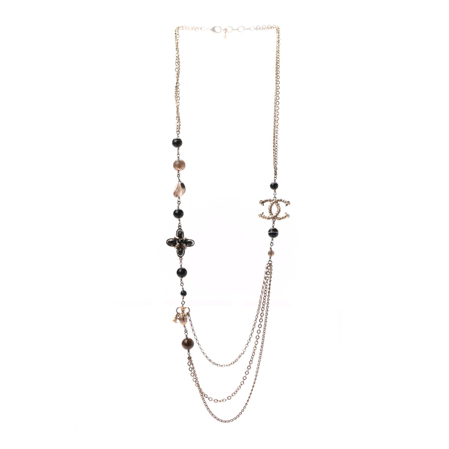 Beaded CC Long Necklace Gold Black