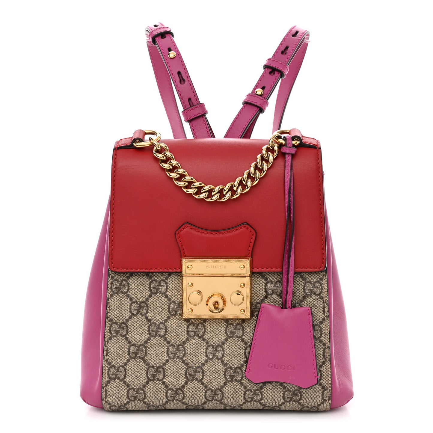 GG Supreme Monogram Calfskin Padlock Backpack Beige Hibiscus Red New Rosette