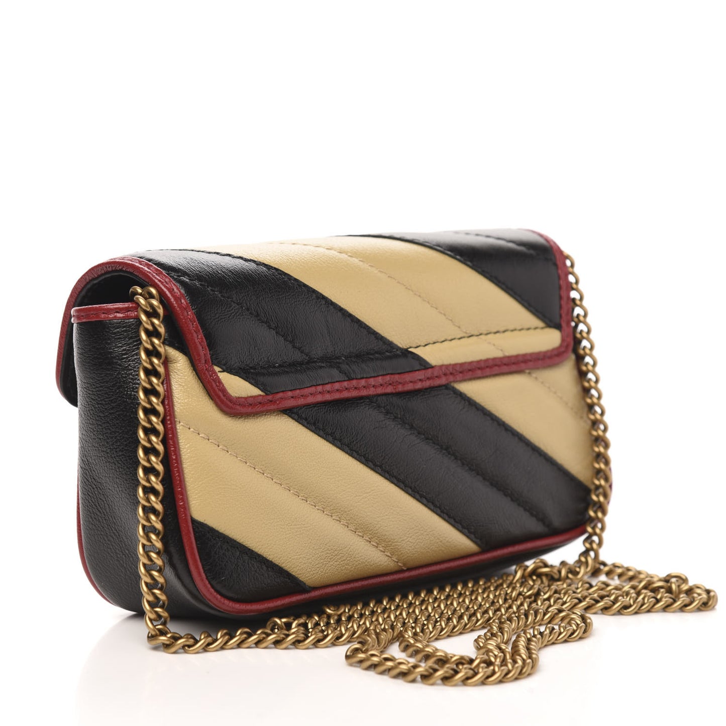 Vintage Effect Calfskin Matelasse Diagonal Striped Super Mini Torchon GG Marmont Shoulder Bag Black Beige