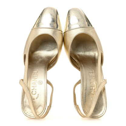 Chanel Metallic Calfskin Grosgrain Cap Toe CC Slingback Sandals 36 Gold 2 of 9
