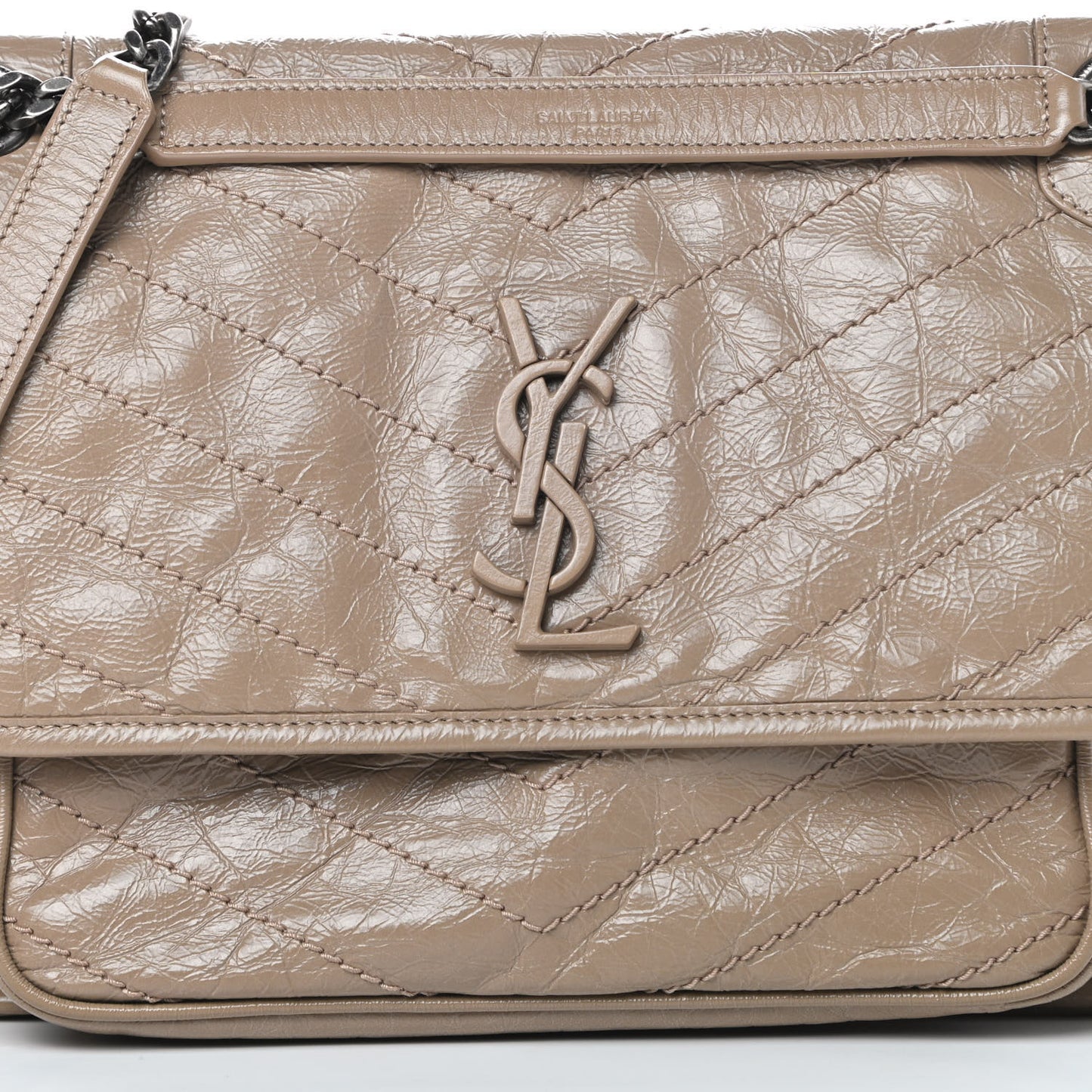 Crinkled Calfskin Matelasse Monogram Medium Niki Chain Satchel Light Taupe