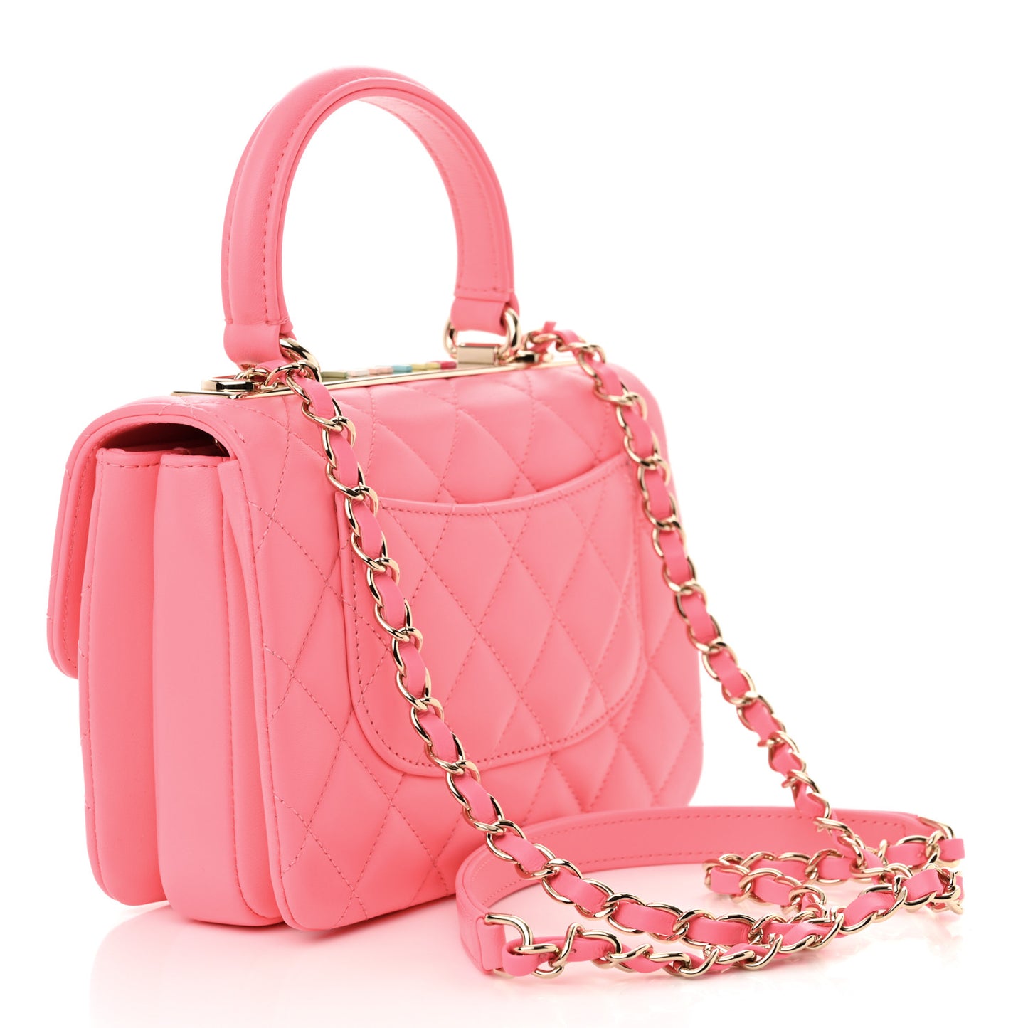 Lambskin Lacquered Quilted Mini Trendy CC Dual Handle Flap Bag Coral Pink