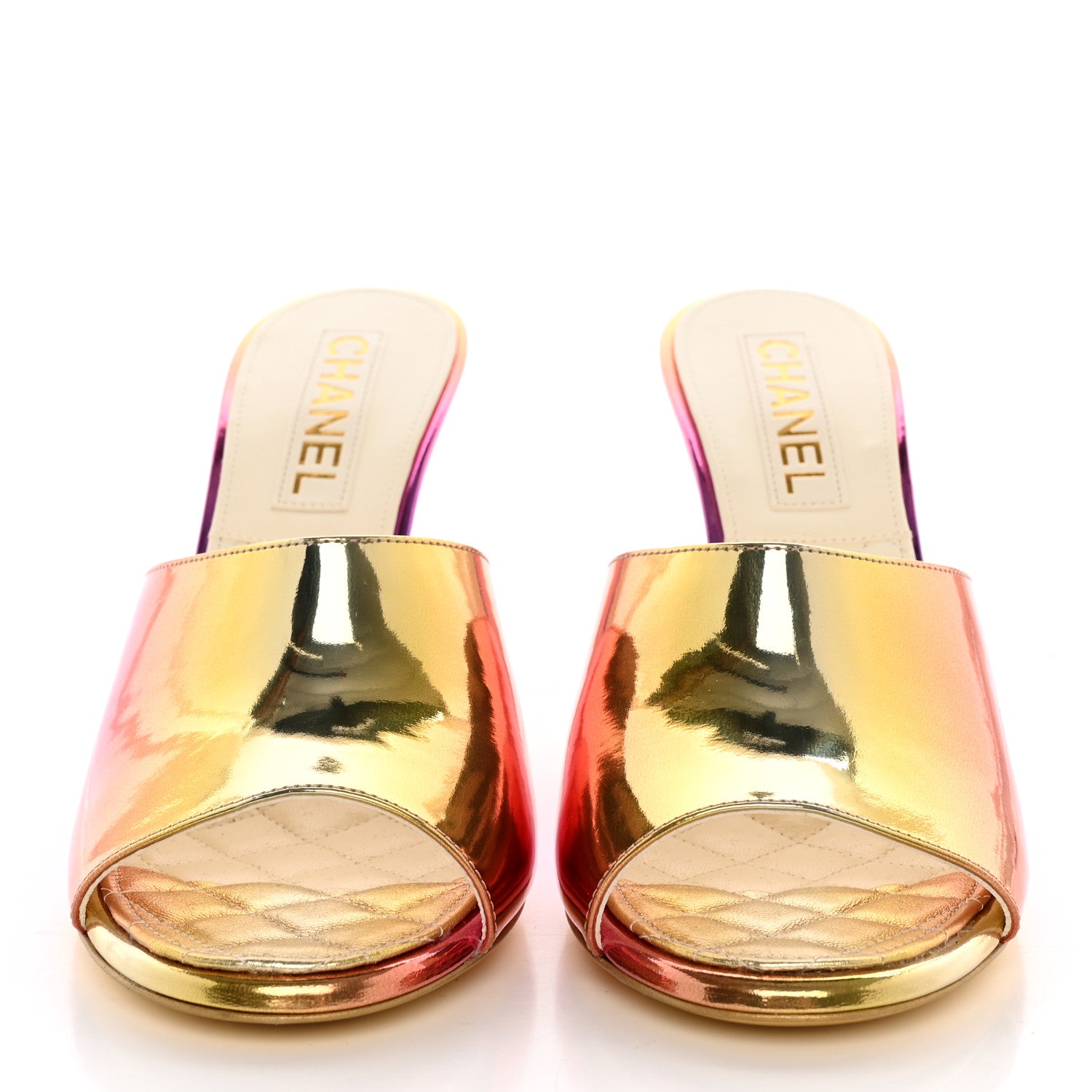Chanel Laminated Calfskin Wedge Mules 39.5 Pink Orange Yellow 2 of 9
