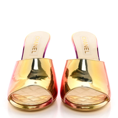 Chanel Laminated Calfskin Wedge Mules 39.5 Pink Orange Yellow 2 of 9