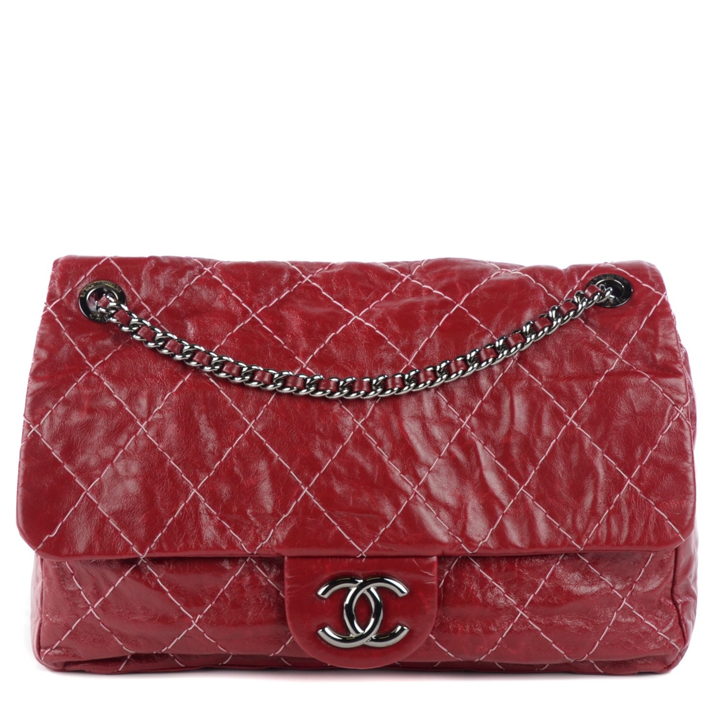 Glazed Goatskin Double Stitch Maxi Flap Red
