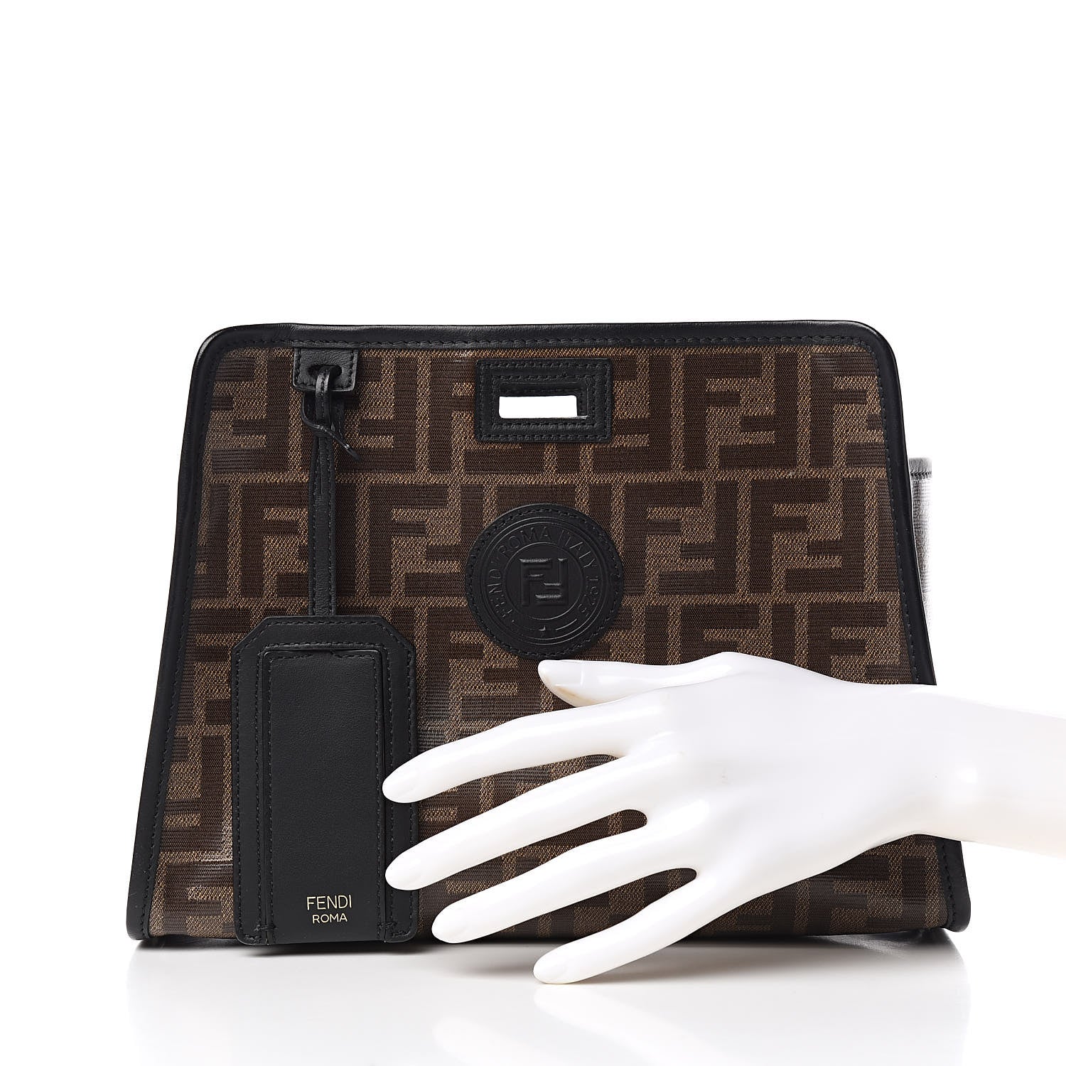 Fendi Glazed Fabric Vitello Century FF 1974 Stamp Patch Mini Peekaboo Defender Cover Mogano Panna Black 2 of 7