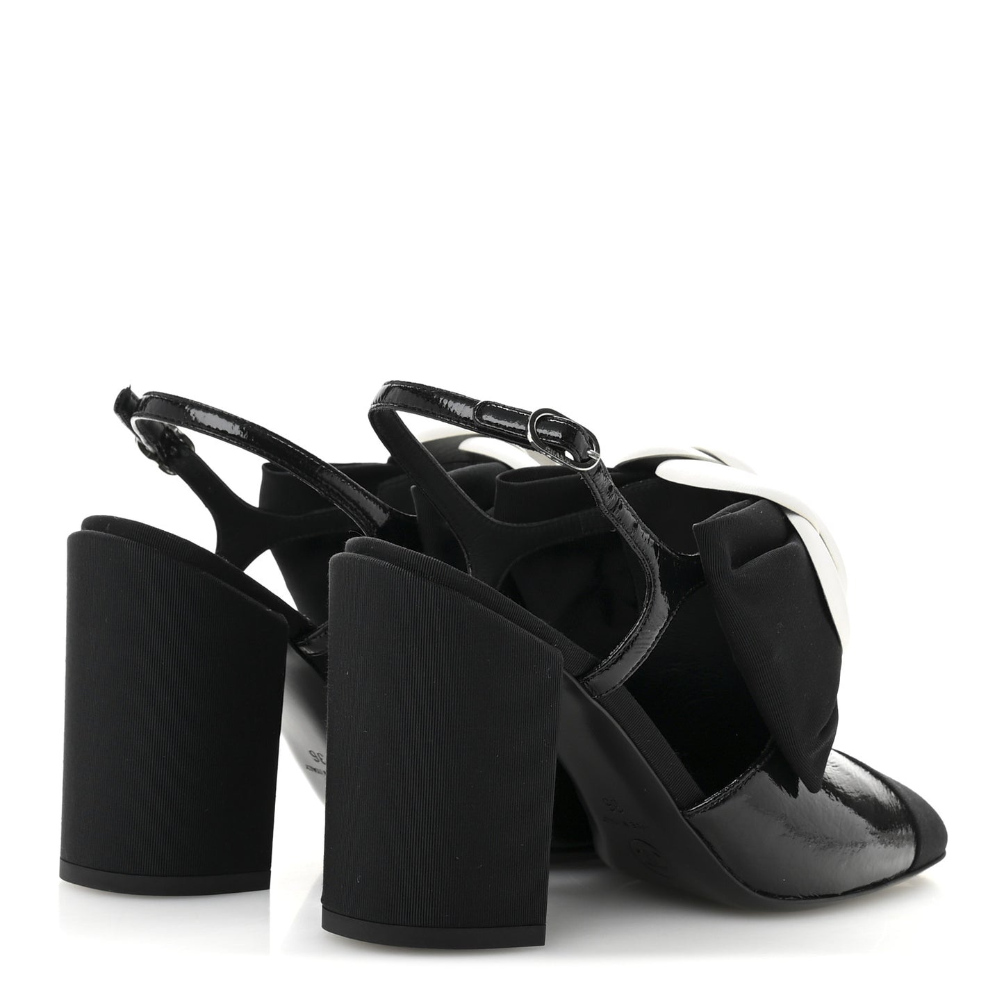 Crumpled Shiny Fabric Grosgrain Cap Toe Camellia Bow Slingback Pumps 36 Black