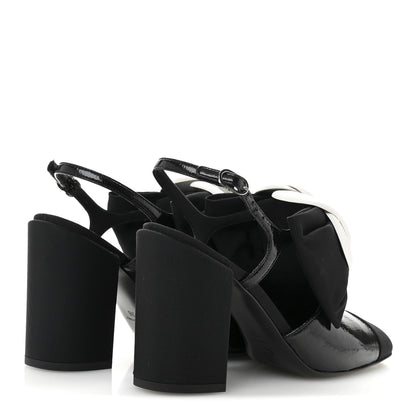 Chanel Crumpled Shiny Fabric Grosgrain Cap Toe Camellia Bow Slingback Pumps 36 Black 5 of 11