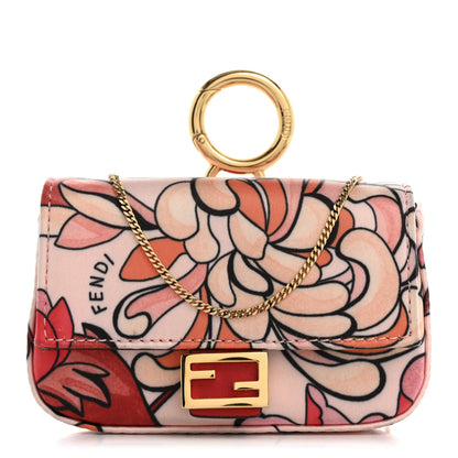 Fendi Stretch Satin Vitello Grace Floral Print Nano Baguette Charm Rose Multicolor Rosso Cardinale 1 of 14