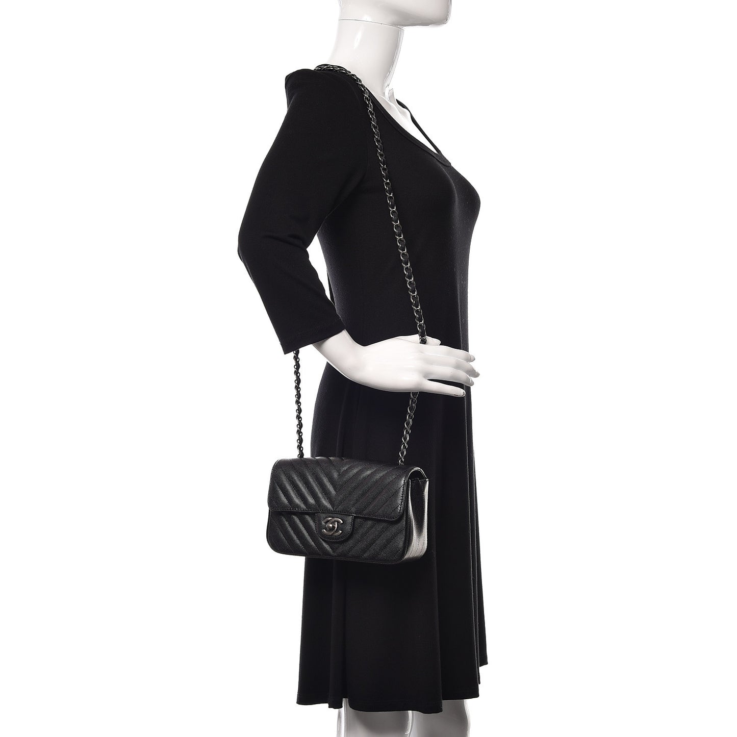 Iridescent Caviar Chevron Quilted Mini Rectangular Flap Black