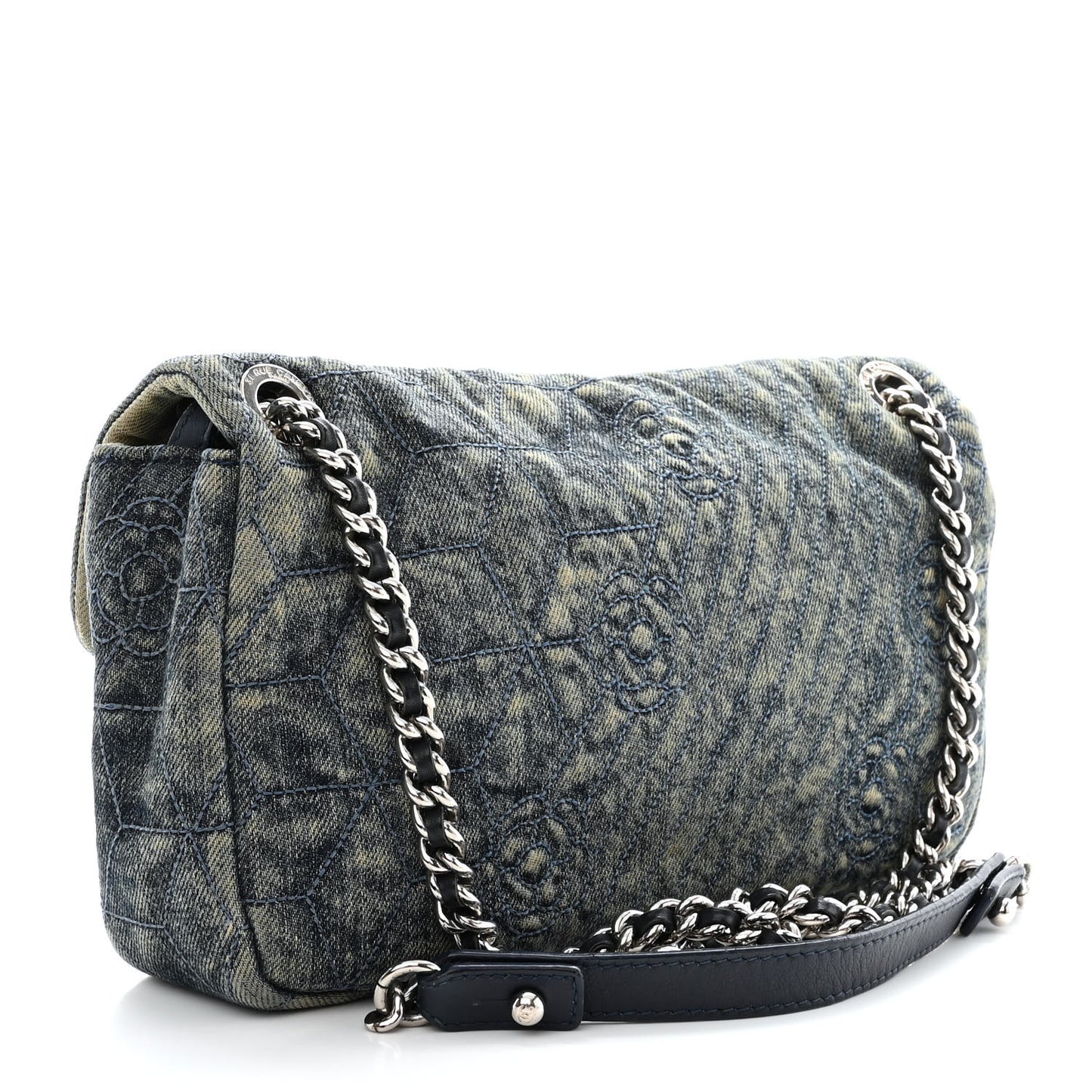 Denim Quilted Camellia Embroidered Medium Flap Blue