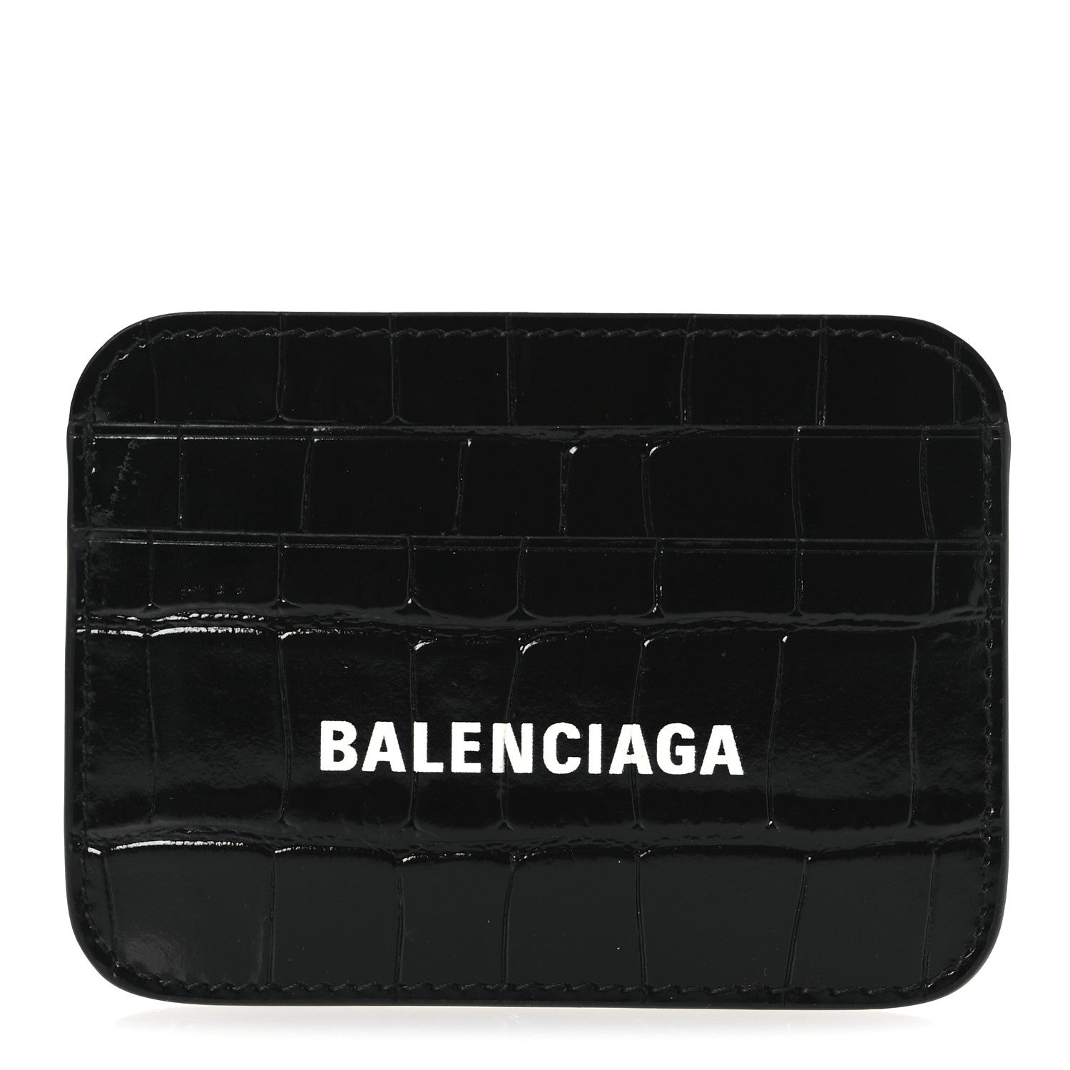 Balenciaga Shiny Calfskin Logo Crocodile Embossed Cash Rounded Card Holder  Black White 1 of 8