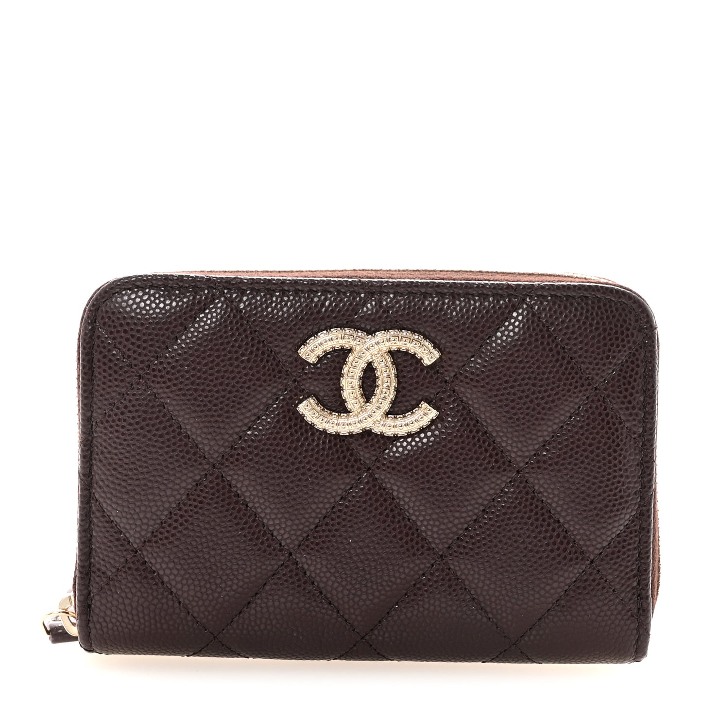 Caviar Quilted Textured CC Zip Around Card Holder Burgundy