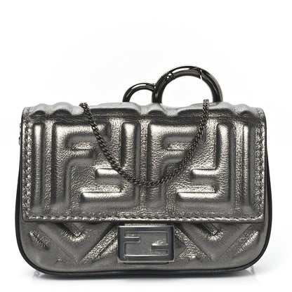 Fendi Vitello Catalan Mirror FF 1974 Embossed Nano Baguette Charm Graphite 1 of 8