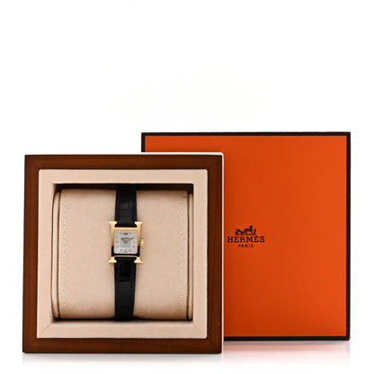 Hermes Stainless Steel Alligator Diamond Mother of Pearl 17.2mm Heure H Hour Quartz Watch Noir 5 of 5