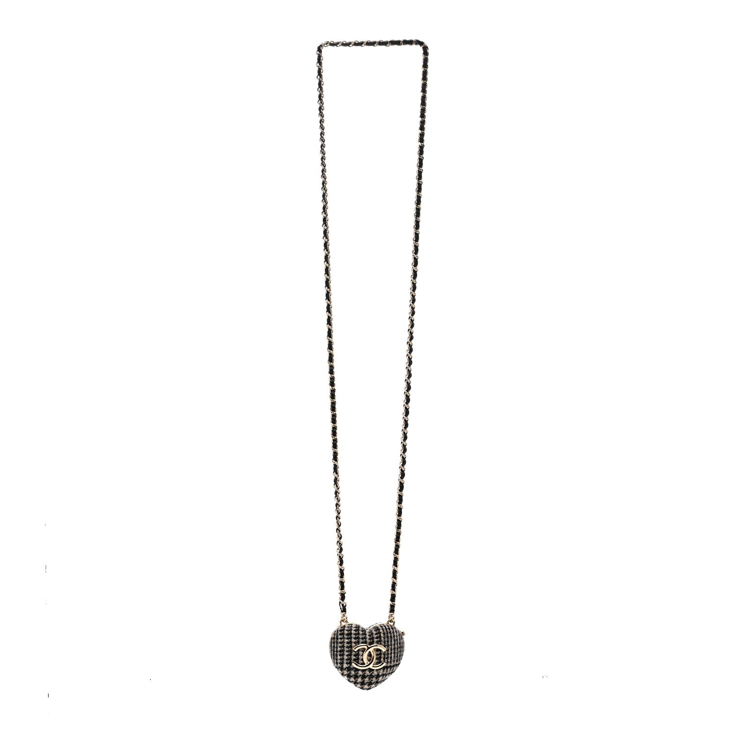 Chanel Tweed Lambskin CC Heart Locket Necklace Gold Black Beige 3 of 7