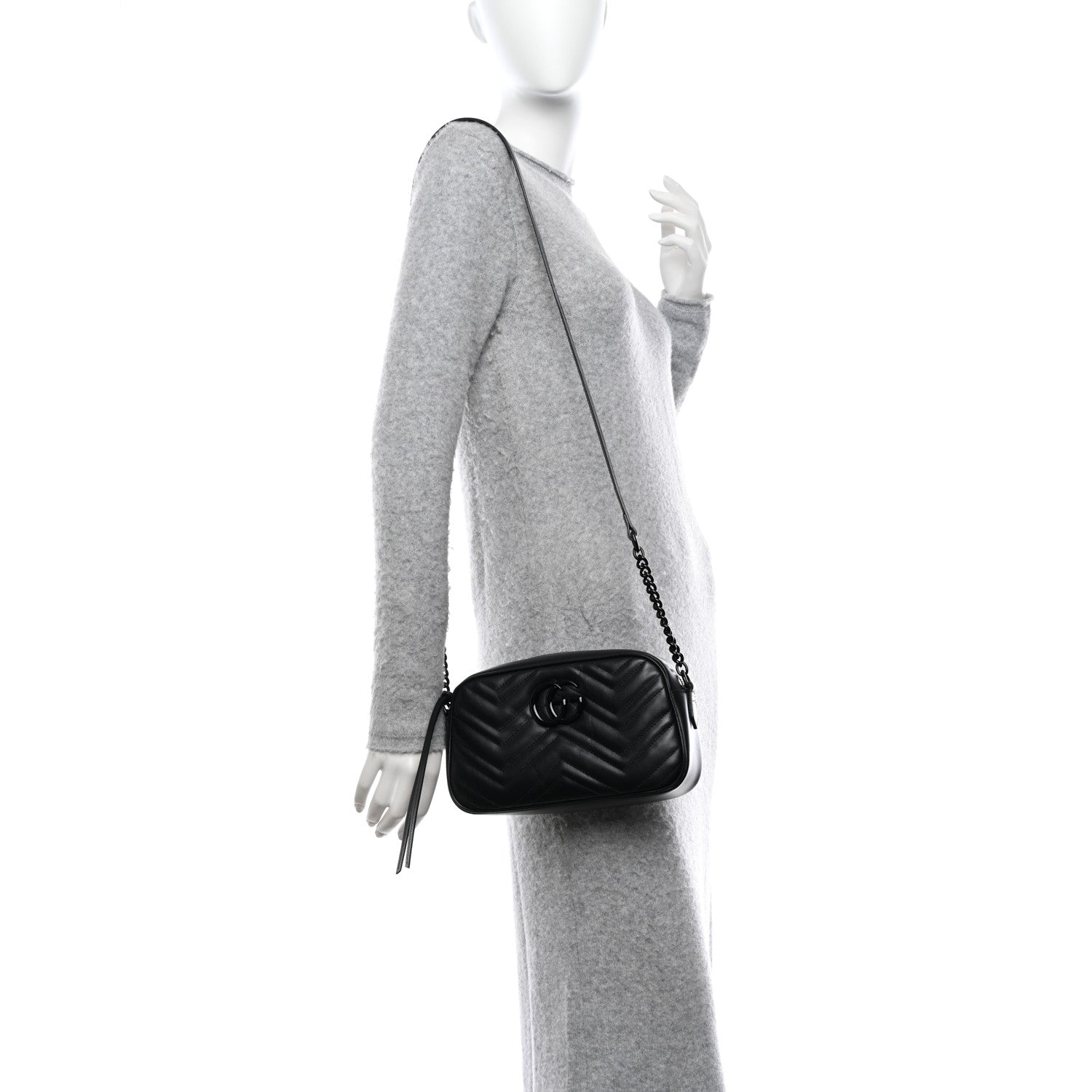 Gucci Calfskin Matelasse Monochrome Small GG Marmont Chain Shoulder Bag Black 2 of 11