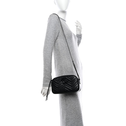 Gucci Calfskin Matelasse Monochrome Small GG Marmont Chain Shoulder Bag Black 2 of 11