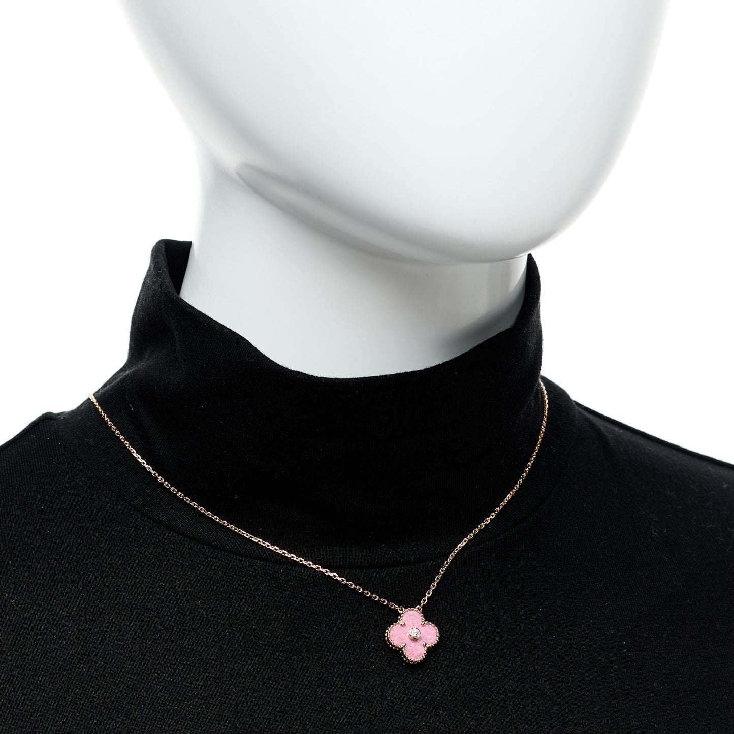 18K Rose Gold Diamond Rhodonite Vintage Alhambra Pendant Necklace