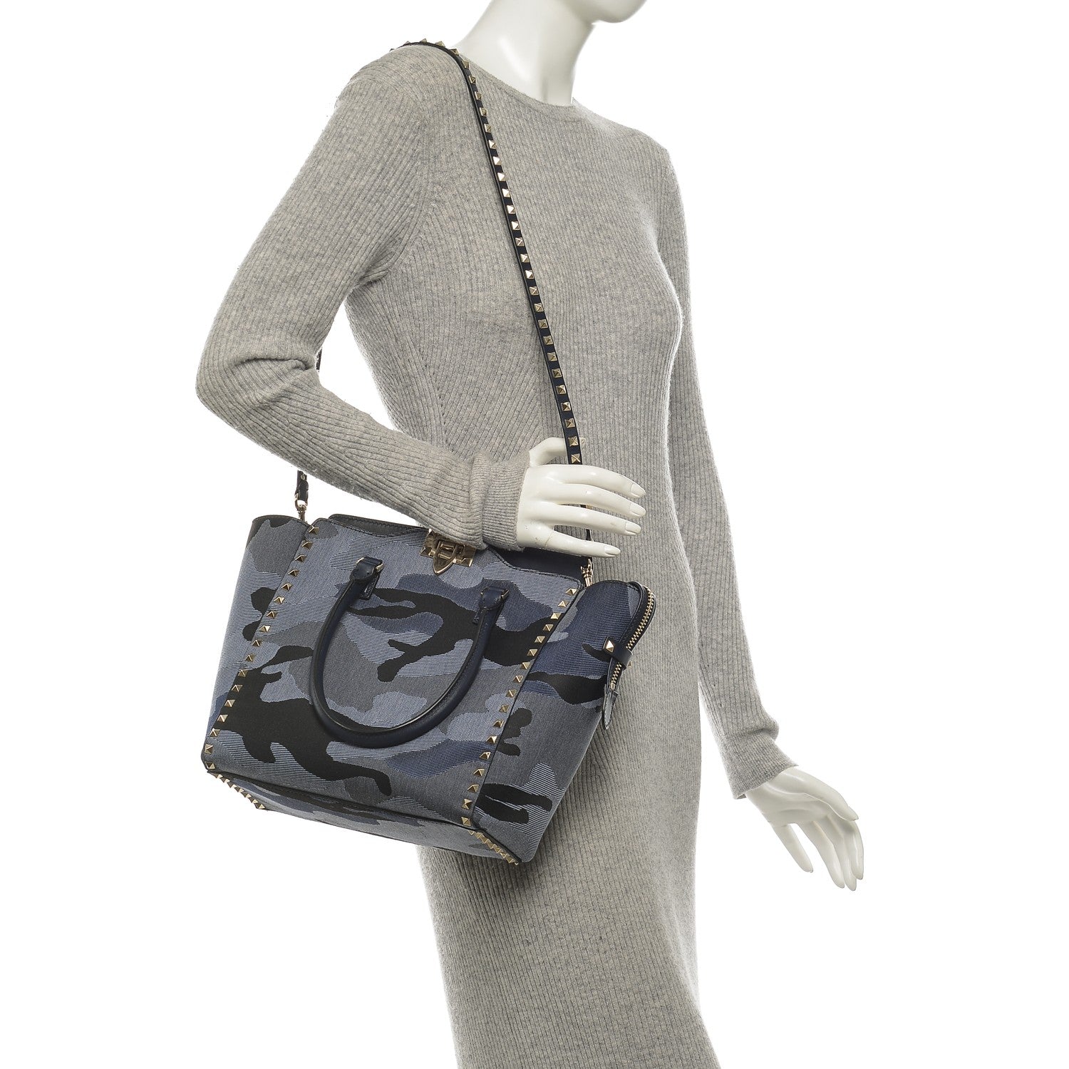 Valentino Garavani Canvas Camouflage Rockstud Double Handle Tote Blue 2 of 6