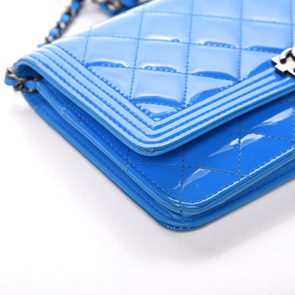 Chanel Patent Calfskin Quilted Boy Wallet On Chain WOC Blue 13 of 17