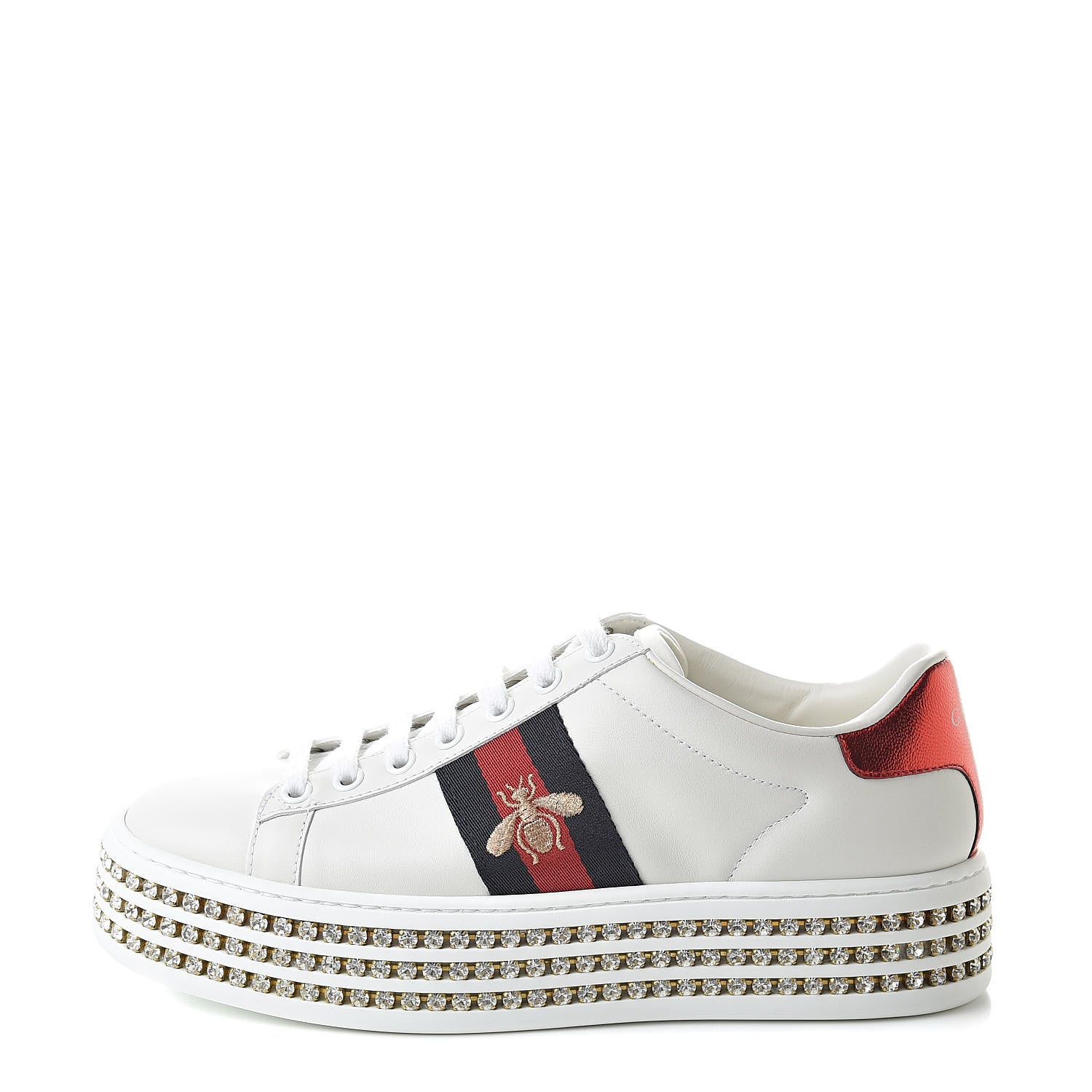 Gucci Calfskin Crystal Web Bee Embroidered Womens Ace Platform Sneakers 35.5 White 1 of 10