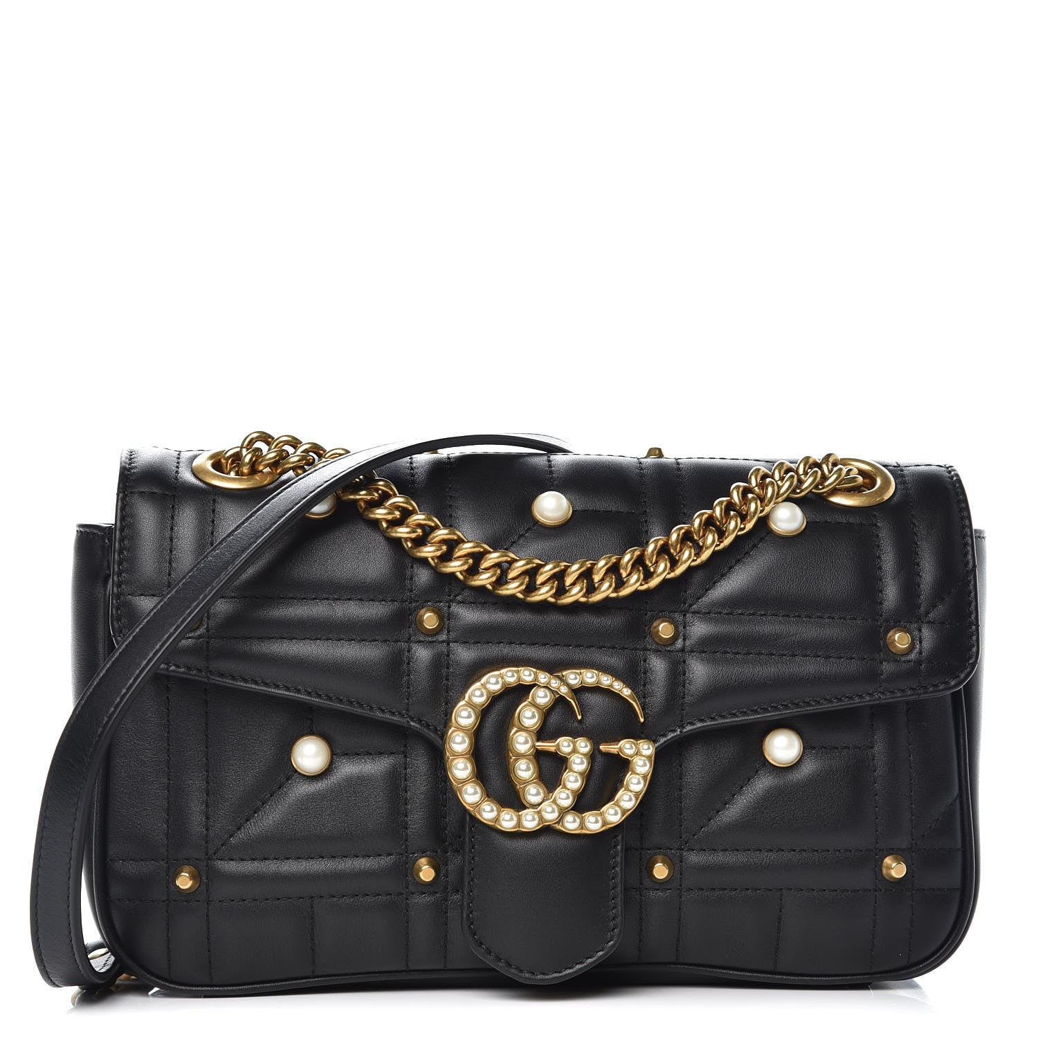 Gucci Calfskin Matelasse Studded Small Pearly GG Marmont Shoulder Bag Black 1 of 10