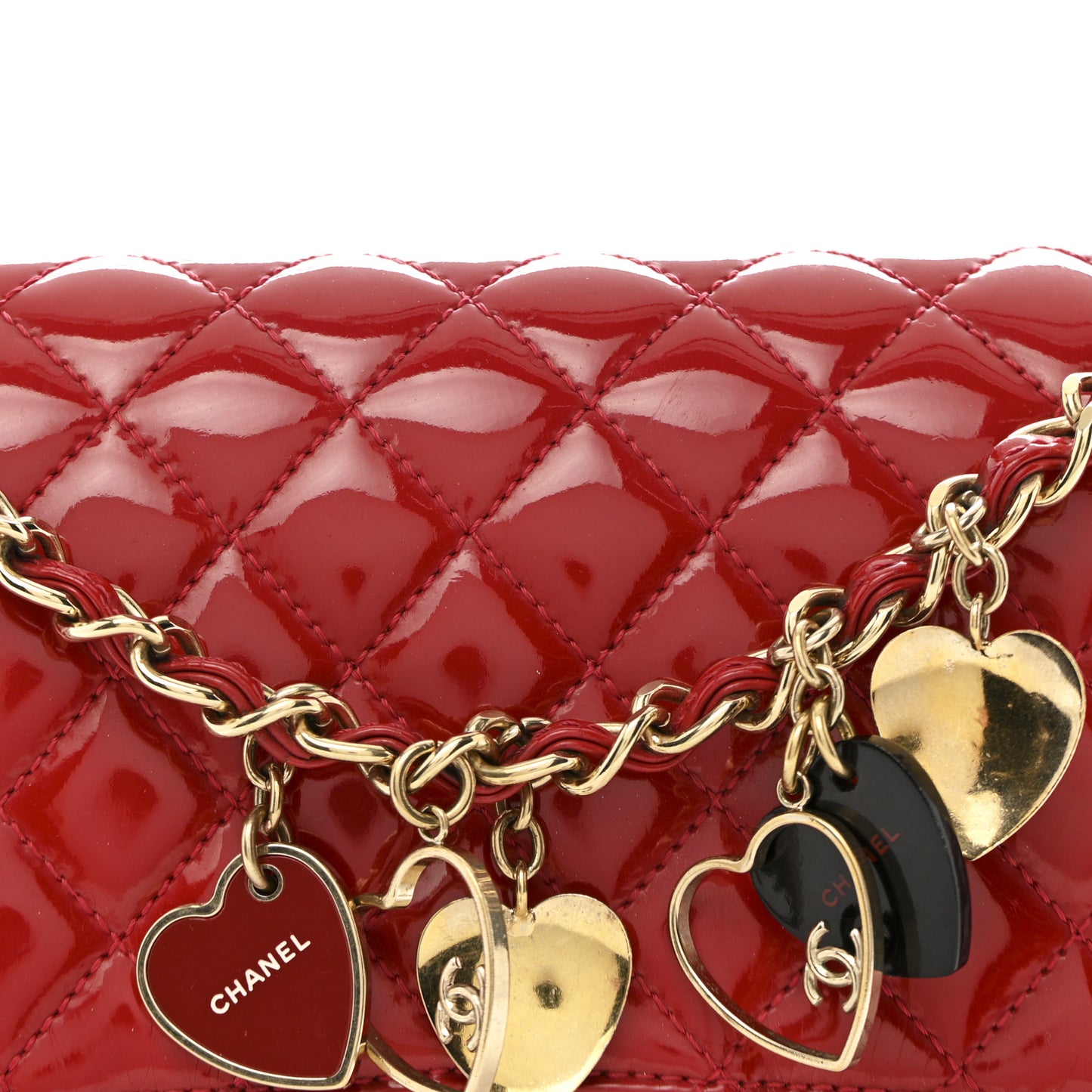 Patent Calfskin Quilted Valentine Charms Medium Single Flap Red