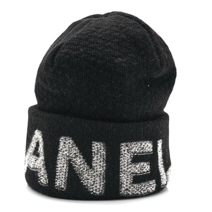 Chanel Wool Cashmere Logo Beanie Hat Black Light Grey 3 of 8