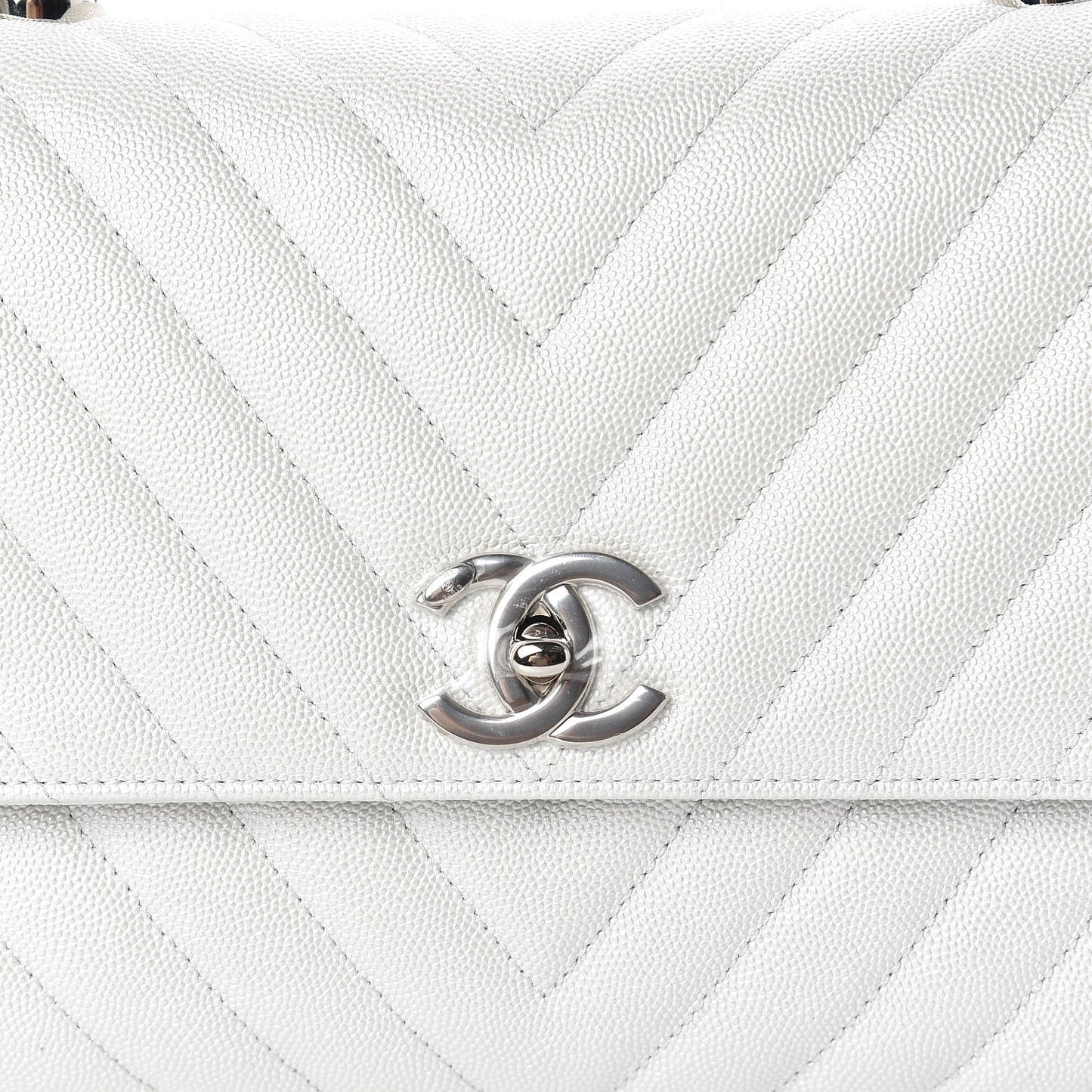 Iridescent Caviar Chevron Quilted Small Coco Handle Flap White