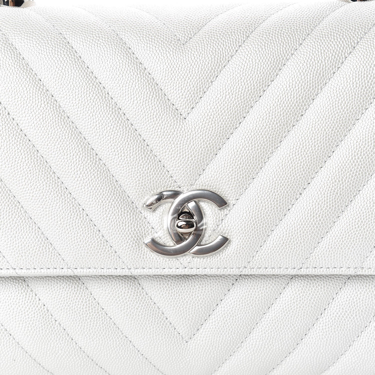Chanel Iridescent Caviar Chevron Quilted Small Coco Handle Flap White 8 of 10