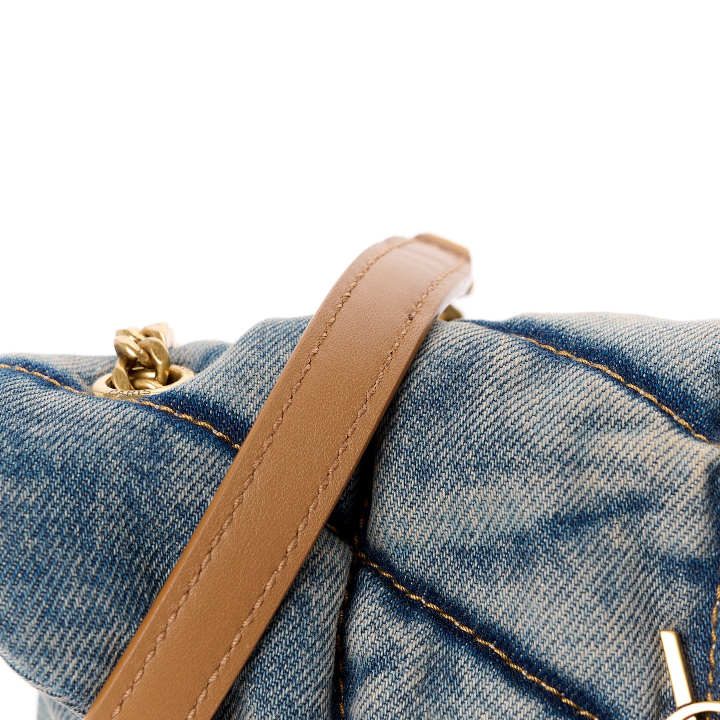 Denim Quilted Toy Loulou Puffer Monogram Chain Satchel Blue Cinnamon